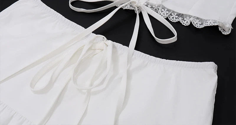Lace Patchwork Tank Top With Low-waist Draw-string Long Skirt French Two Piece Sets
