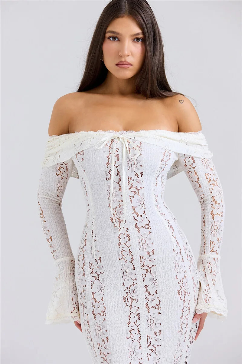 Lace Off-shoulder Maxi Dress Strapless Backless Long Sleeve Bodycon Evening Long Dress