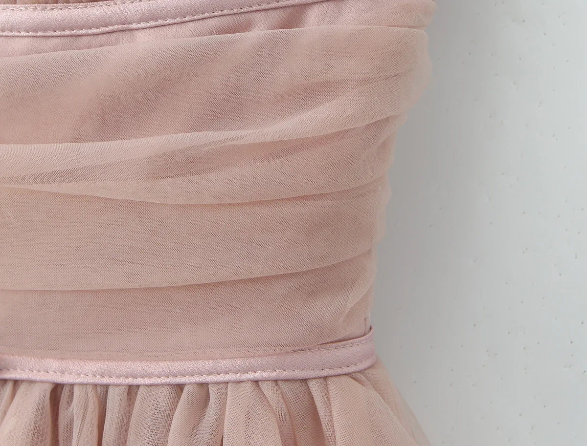 Spaghetti Strap Dresses Pink Puffy Cake Dress Mini Mesh Backless Dress