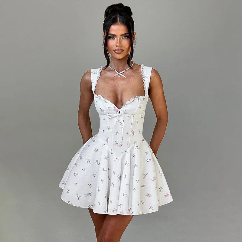 Sleeveless Deep V Backless Pleated Dress Hip Skirt Bodycon Slim Fit Printed Lace Dress
