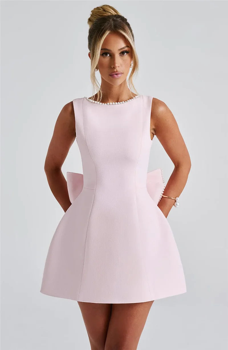 Pearl Bow Backless Mini Dress Zipper Sleeveless High Waist A-line Dress