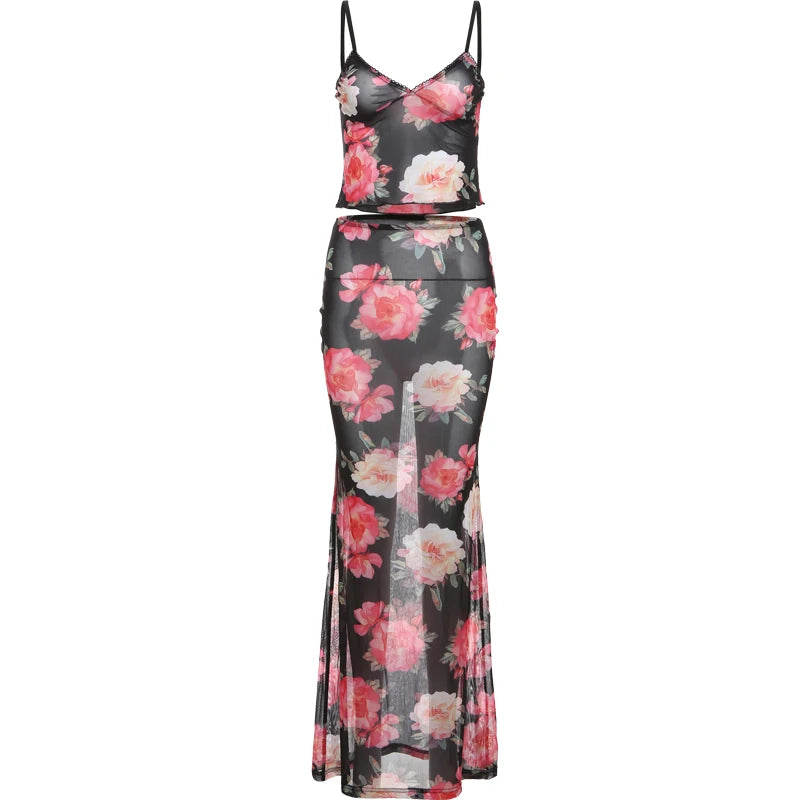 Sheer 2Piece Set Side Split Slim Long Skirt V Neck Camisole Ladies Matching Suits