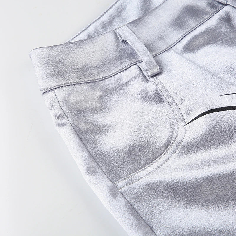 Satin Button Loose Pants 's Trousers Print Grunge