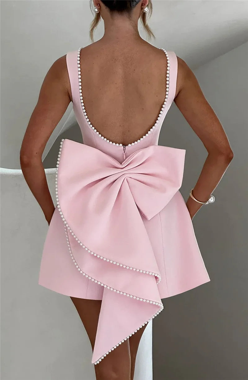 Pearl Bow Backless Mini Dress Zipper Sleeveless High Waist A-line Dress