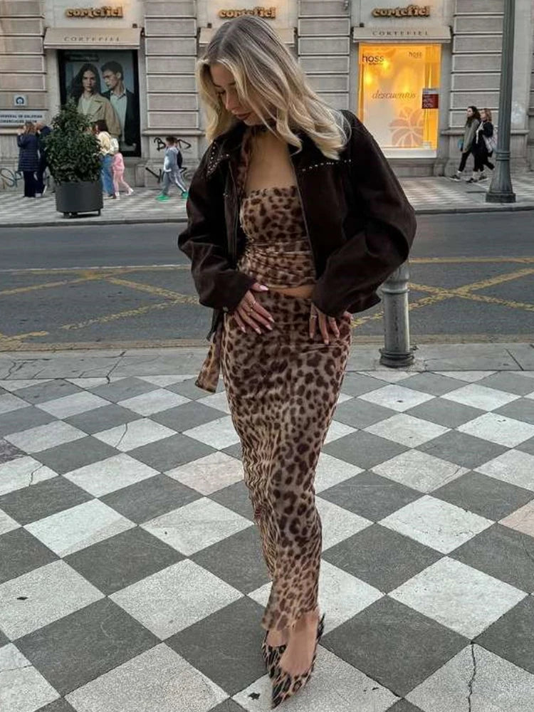 Leopard Dress Straple Pleat Body-haping Maxi Scraf