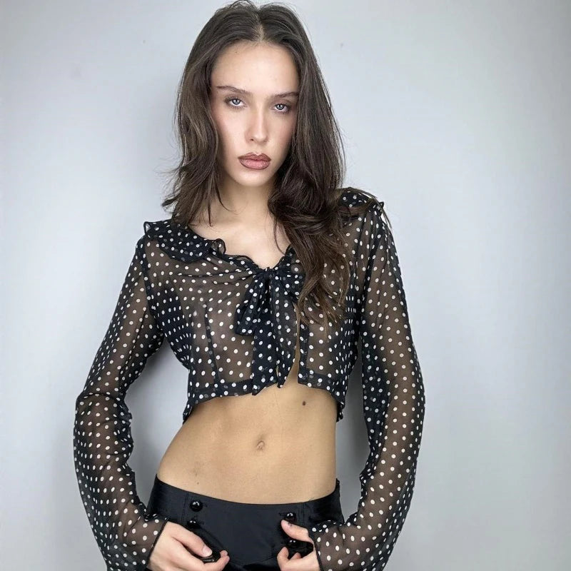 Black See-Through Polka Dot Crop Top