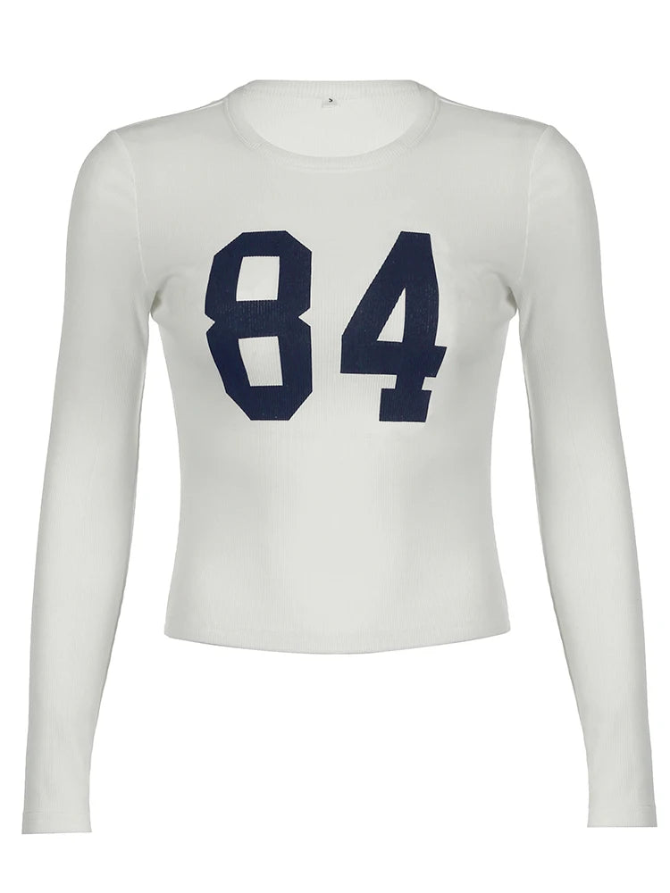 Digital Print Tee Shirts Long Sleeves Crewneck Top Slim