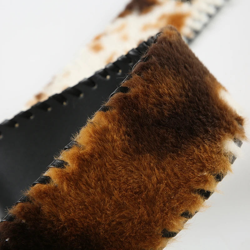 Cow Stripe Furry PU Belts Fairycore Grunge Leather Sashes Adjustable Accessories