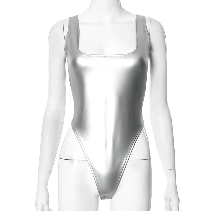 Silver Square Neck Backless Vest Bodysuit tie Nightclub Versatile Bodysuit