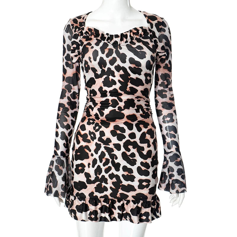Meh Patchwork Leopard Flare Sleeve Mini Dress