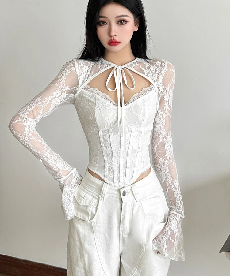 Lace Long Sleeve T-hirt Slim Cleavage T-hirt