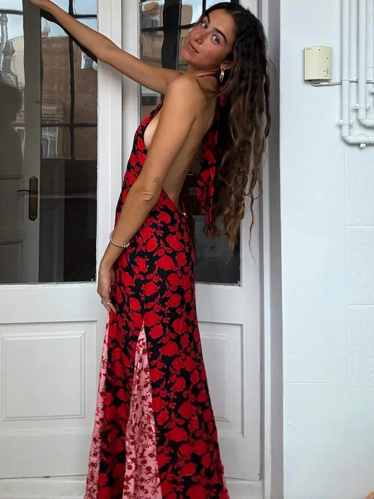 Polka Dot Halter Backless Slim Maxi Dress