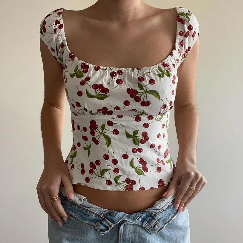 Print Backless Crop Shirts Short Sleeves Crewneck Tee Top