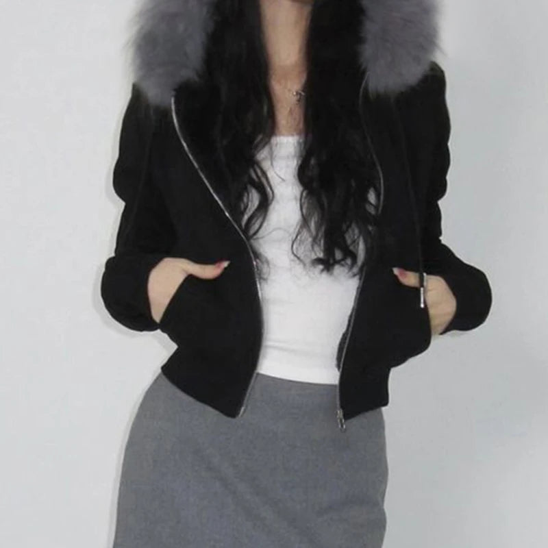 Zip Up Crop Hoodie Coats Camouflage 's Jackets Pockets Fur Neck