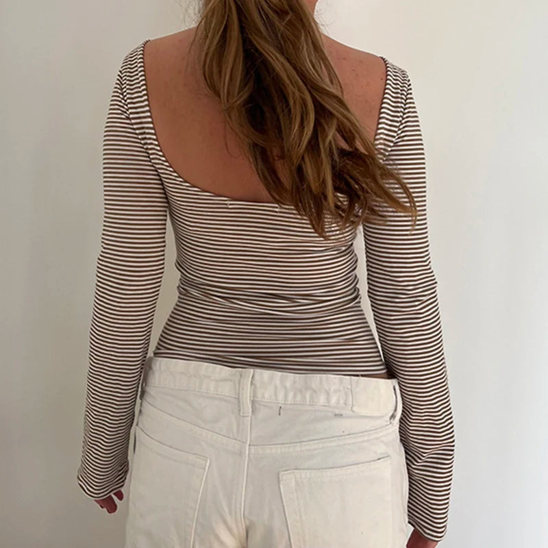 Strip Crewneck Top Backless Long Sleeve Slim Shirt Tee