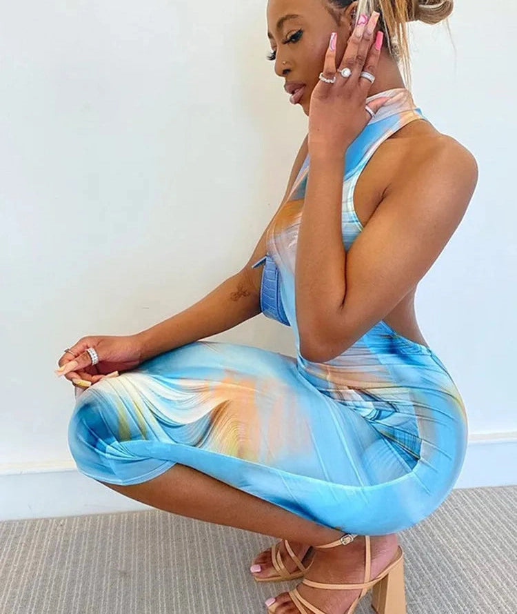 Tie Dye O Neck Sleeveless Backless Bodycon Slit Midi Dress Street
