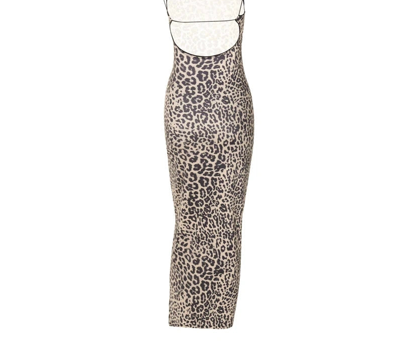 Leopard Slips Backless Bodycon Maxi Dress