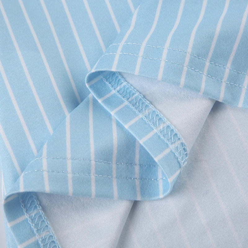 Blue Stripe Short Sleeve Shirts Button Up Turn Down Collar Slim Preppy Tops Basic Tees
