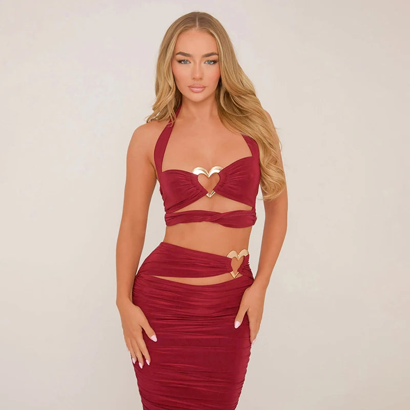 Color Slim Hollow Out Love Metal Design Set Hanging Neck Backless Top Package Hip Skirt Sets