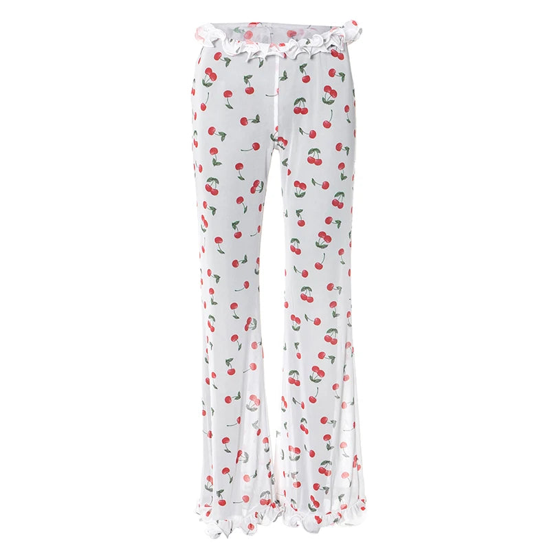 'S Spring/ Cherry Print Cake Edge See-Through Mesh Flare Pants tie Girls hearts