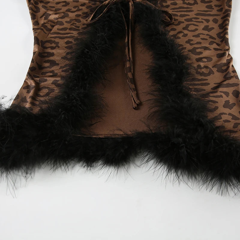 Leopard Print Two Pieces of Sets 's Lace-up Coats and Mini Skirts Long Sleeved