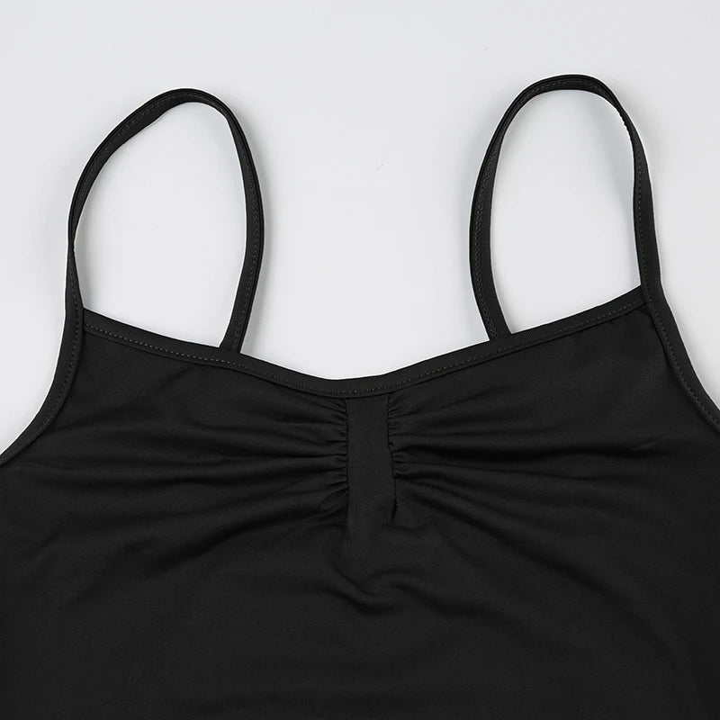 Sleeveless Shirring Spaghetti Strap Bodysuit Black Solid Basic Camisole