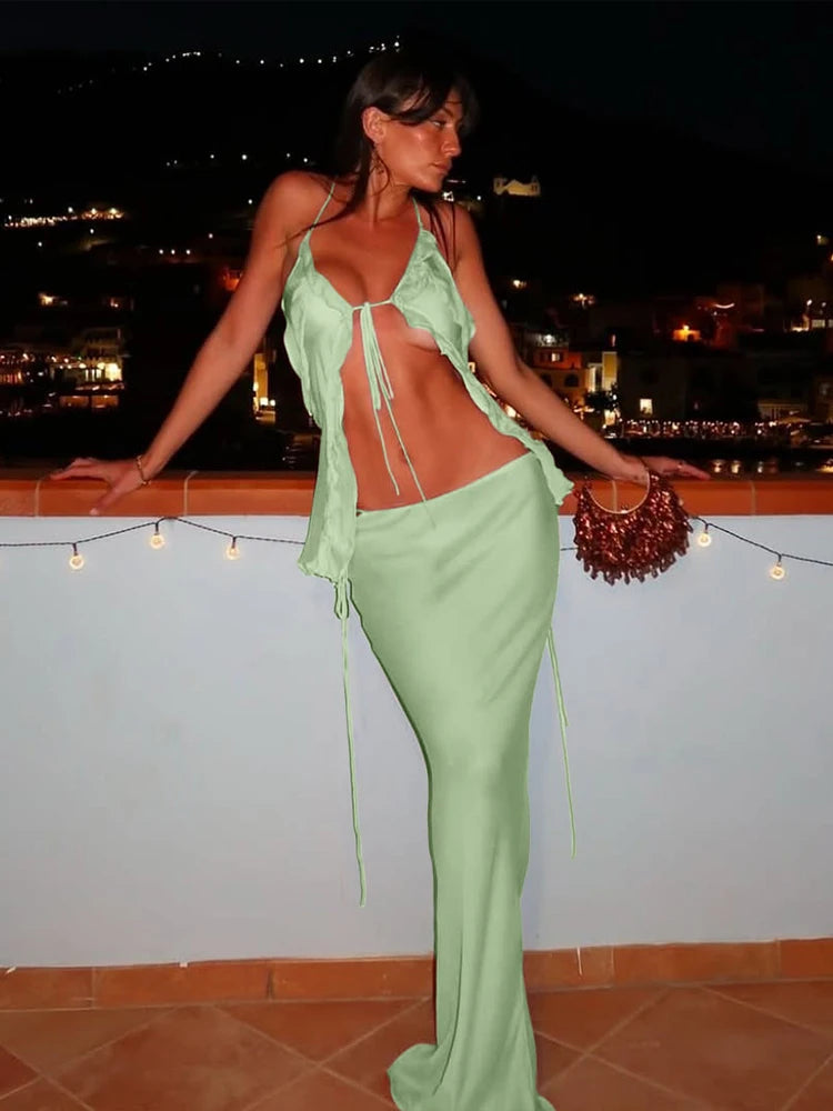 Meh Skirt Set 2 Piece Bandage Ruffle Backless Cami Maxi Skirt Vacation