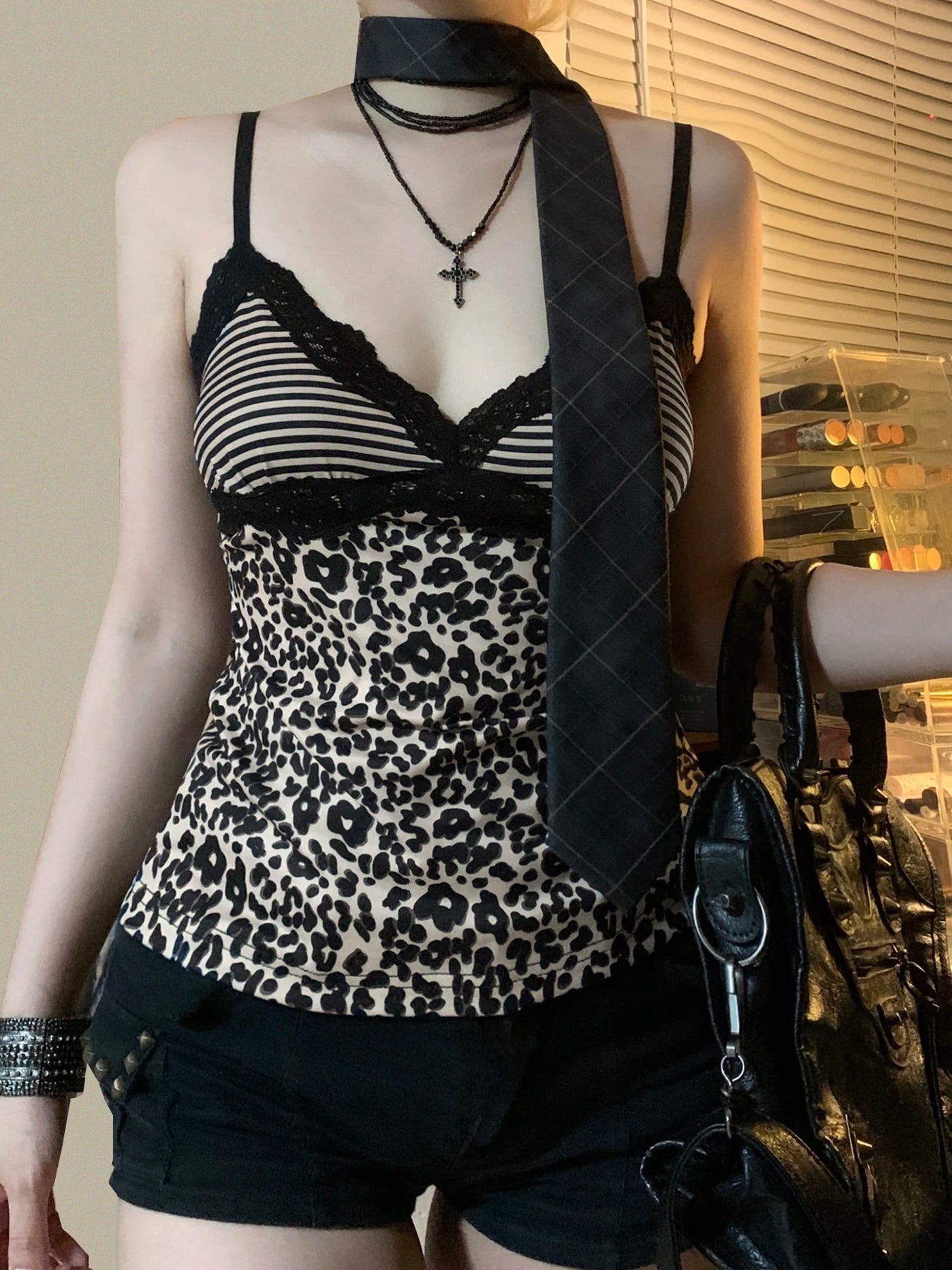 Striped Leopard Print Slim Camisole V-Neck Backless Top Lace Patchwork Retro Bow Vest