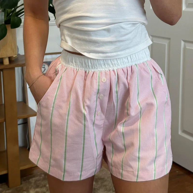 Striped Print Shorts Patchwork Buttons 's Shorts