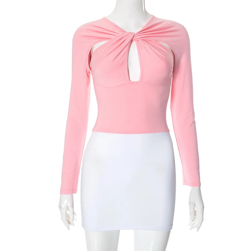 Deign Colliion Cro V-Neck Hollow Out Long Sleeve Slim Dress