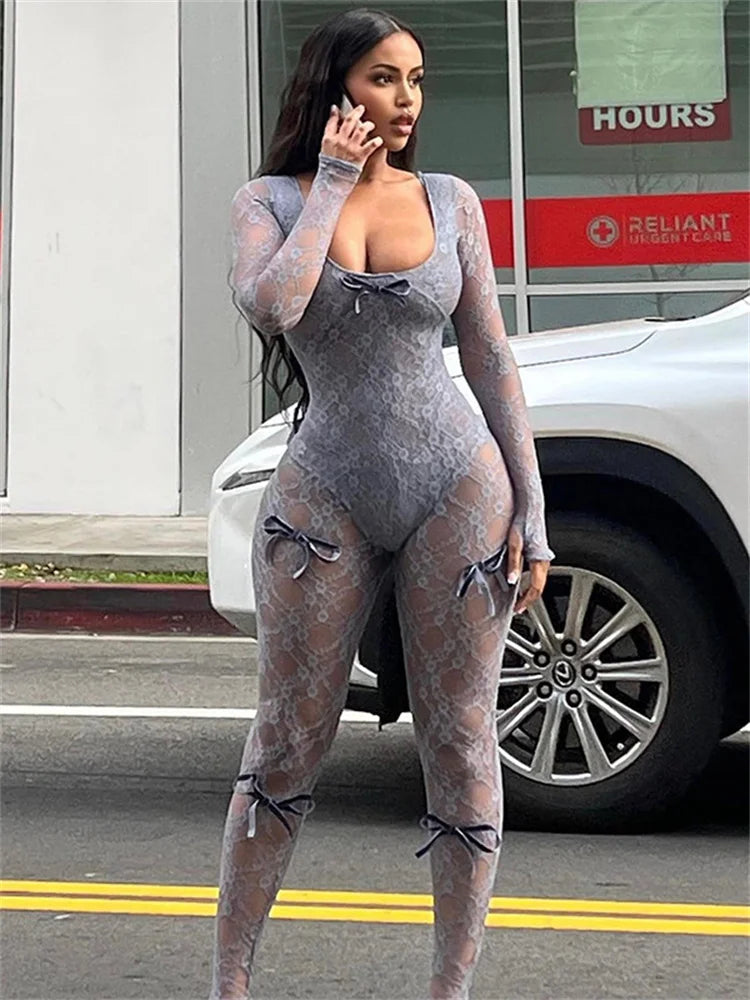 Lace Transparent Thin Solid Jumpsuit Long Sleeve Slim Fit Sheer Night Street Jumpsuit