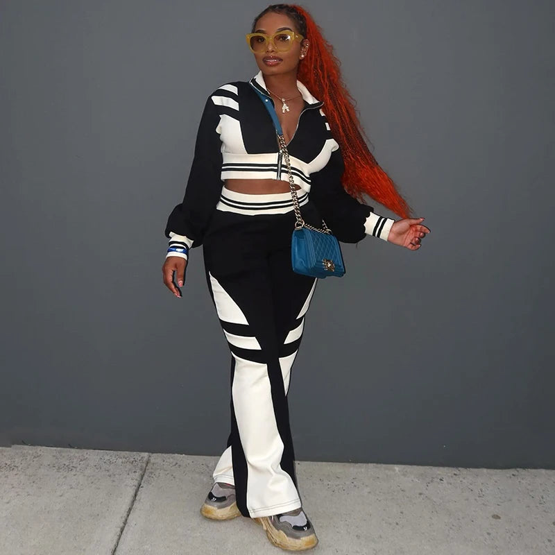 Clahing Splicing Lapel Zipper Set Long Sleeve Short Top Pant Sporty
