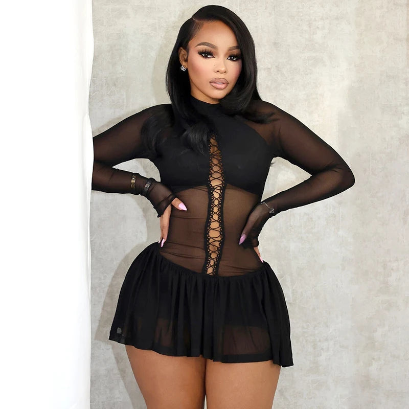 See-Through Hollow Out Meh Patchwork Round Neck Pullover Lace-Up Long-Sleev Hip Mini-Dress