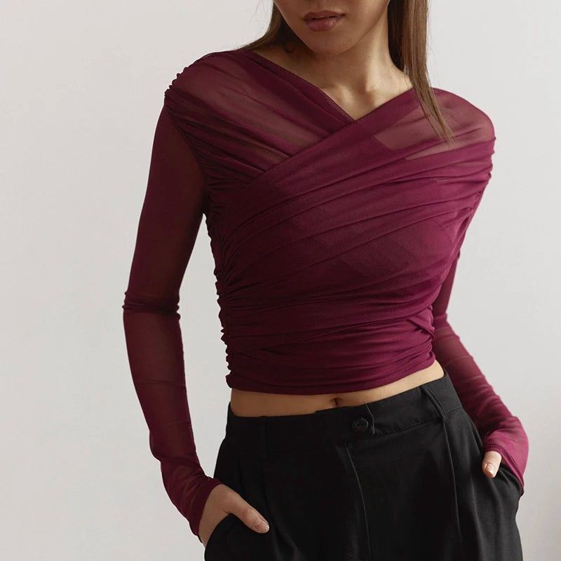 Cross Neck Crop Top Solid Color Mesh See Through Pleat Long Sleeve T-Shirt