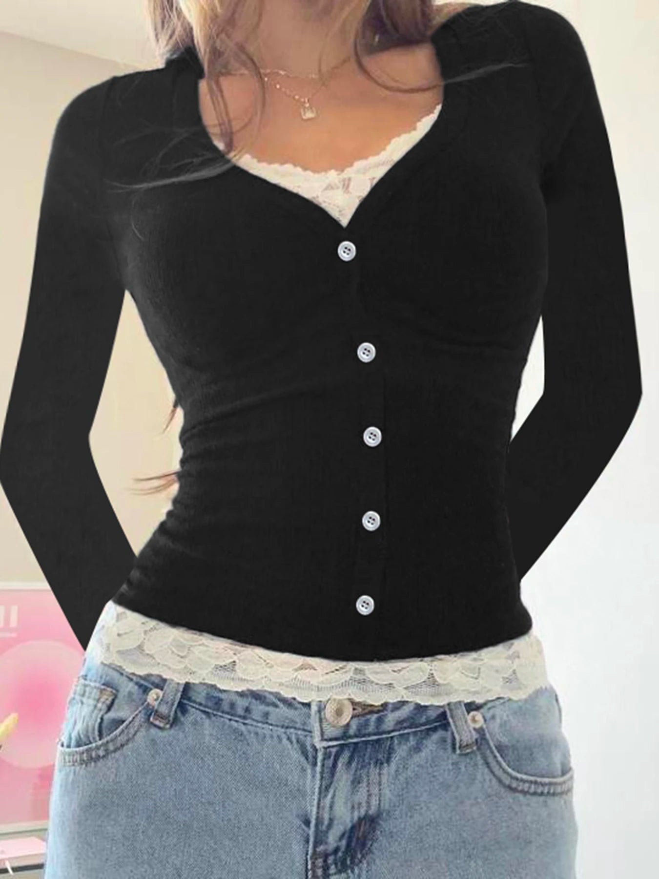 Lace Patchwork Slim Tee Shirt Long Sleeve Button Top