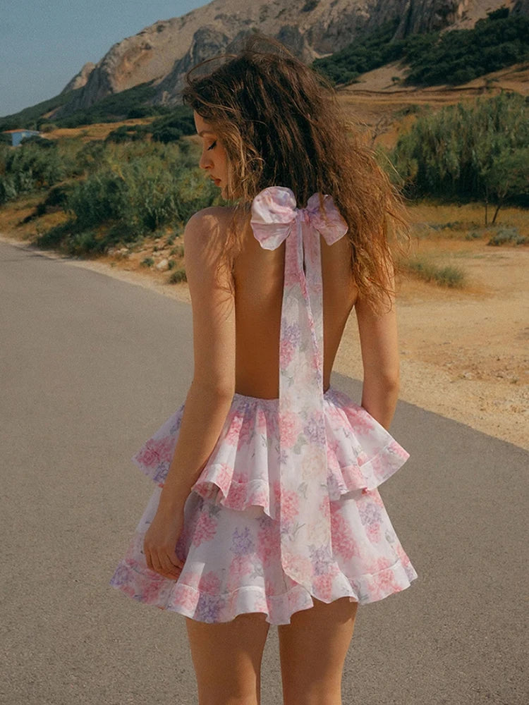 Backless Double Hem Halter Mini Dress