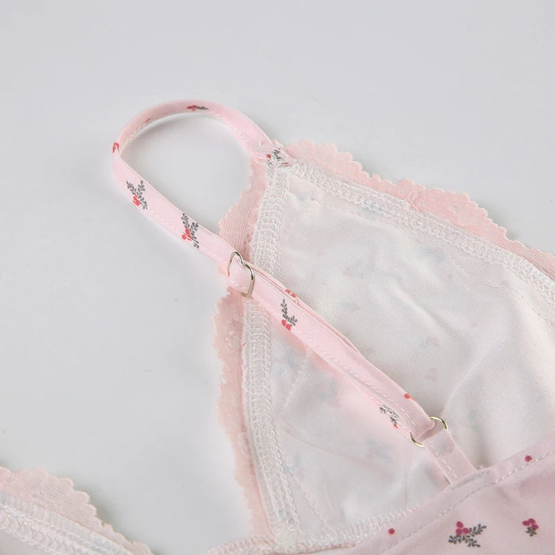 Floral Lace Patchwork Two-piece Set Pink Sleeveless Camisoles and Slim Shorts