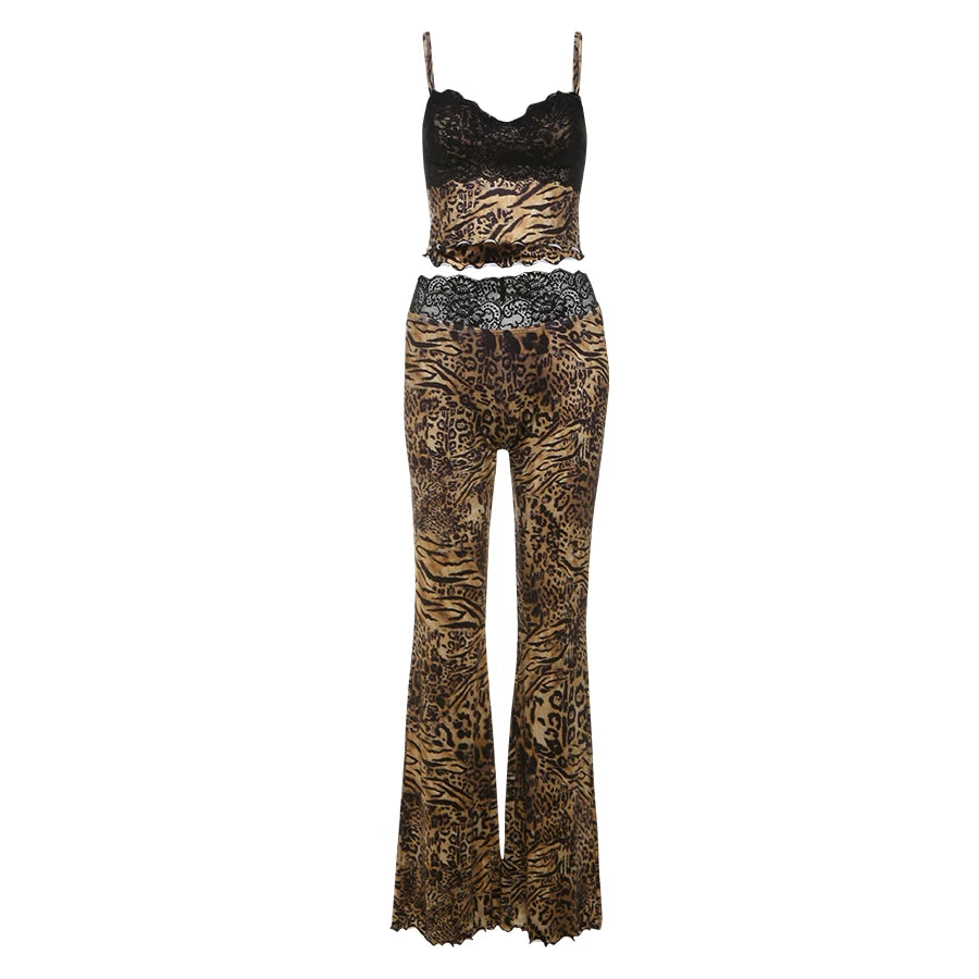 Leopard Mesh Patchwork Top Flare Pants Matching Set