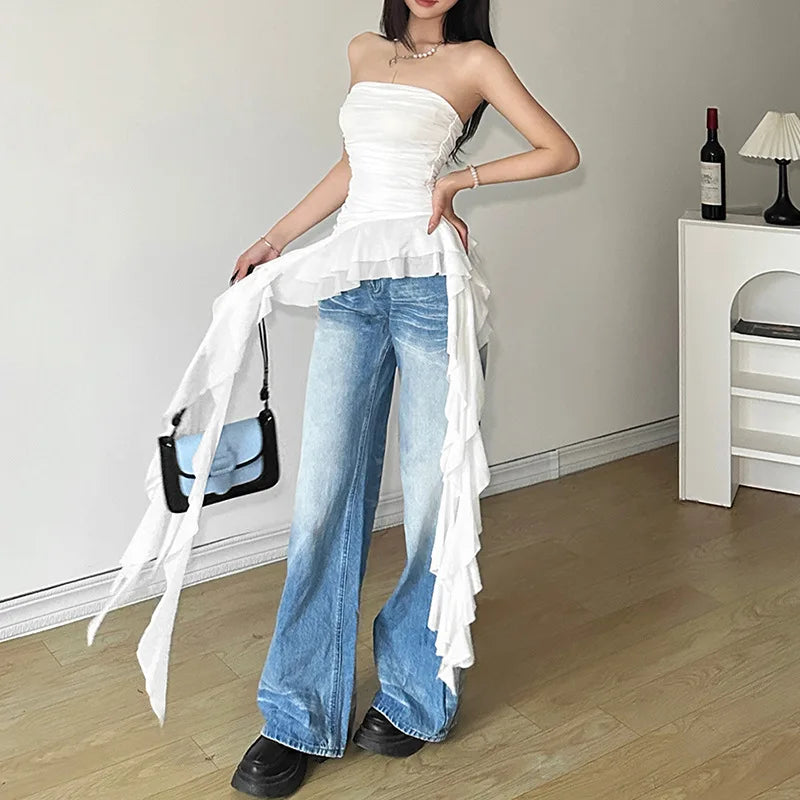 Solid Color Sweet Gentle Cute All-match Travel Chest Wrap ruched Tassel Vest