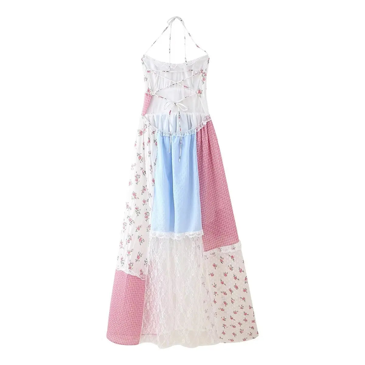 Backless Patchwork Floral Halter Dress Boho Long Dresses Maxi