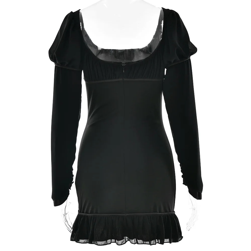 Square Collar Ruffles Chiffon Dress Long Sleeve Lace Up Dress