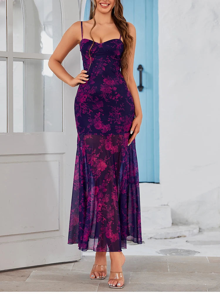 Floral Mesh Bodycon Midi Dress