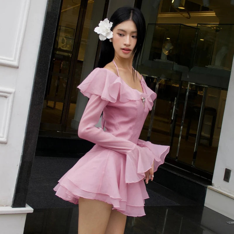 Halter Flare Long Sleeve Off Shoulder Mini Dress Zipper A Line Dress