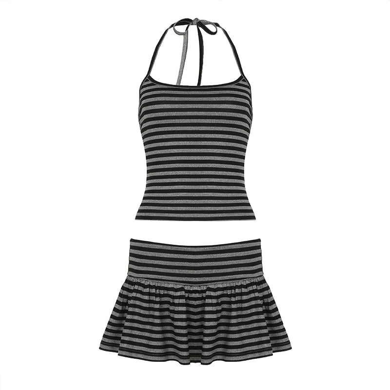Striped Print Two Pieces of Sets Halter Neck Camisole and Mini Skirts