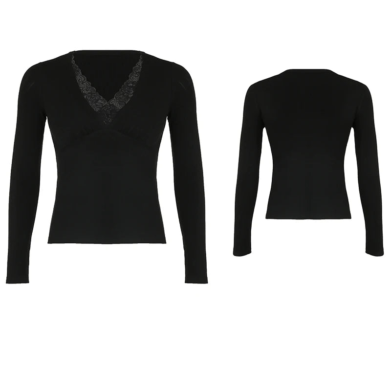Lace Patchwork Slim Tee Shirt Long Sleeve V-neck Black Top