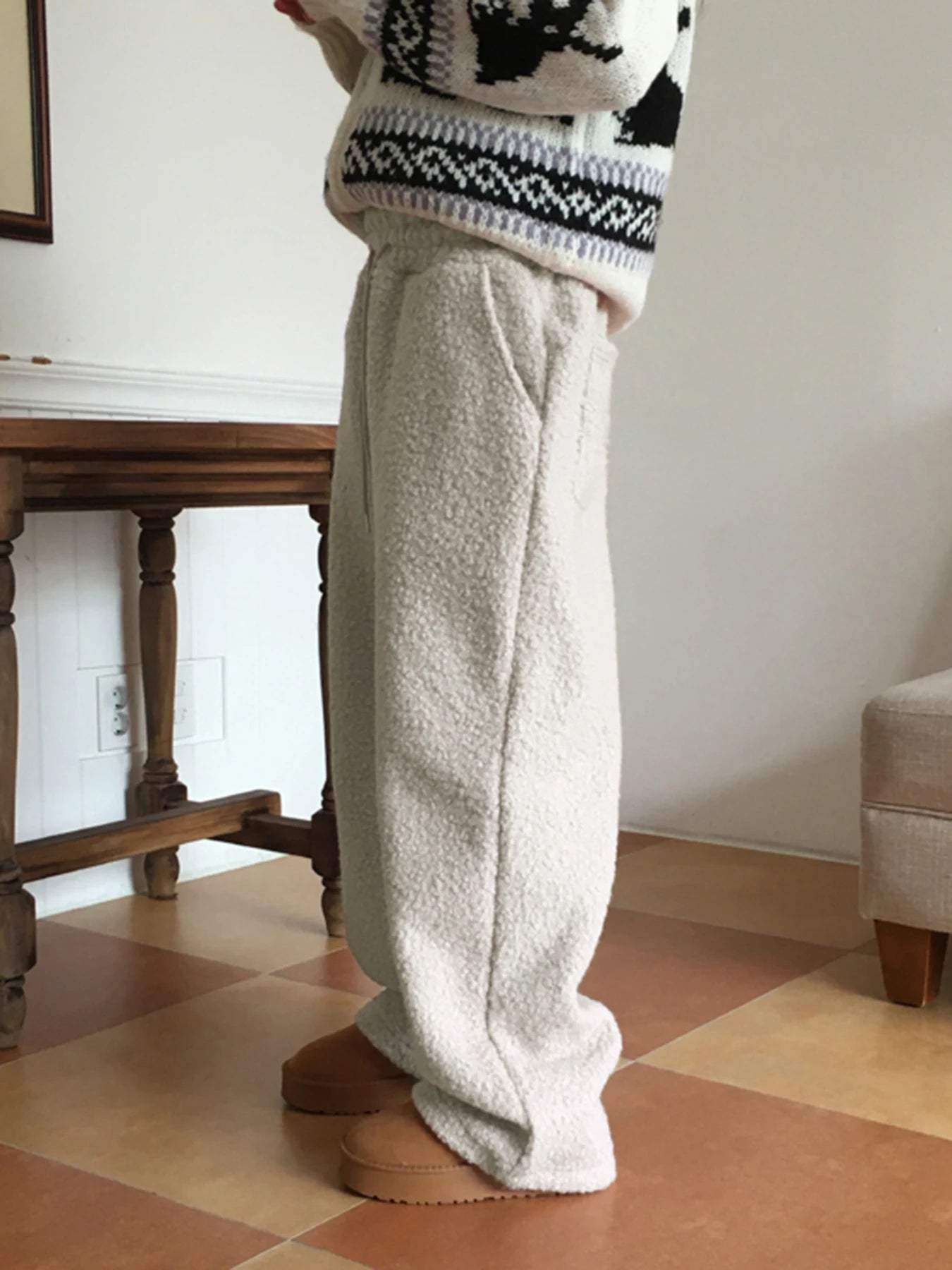 Loose Lamb Wool Trousers Drawstring Wide Leg Pants Pockets Bottoms