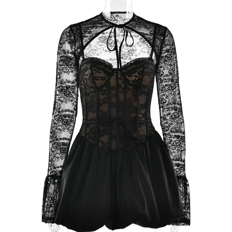 Black Lace Puffball Mini Dress Lace-up Sheer Long Flare Sleeve High Waist Dress