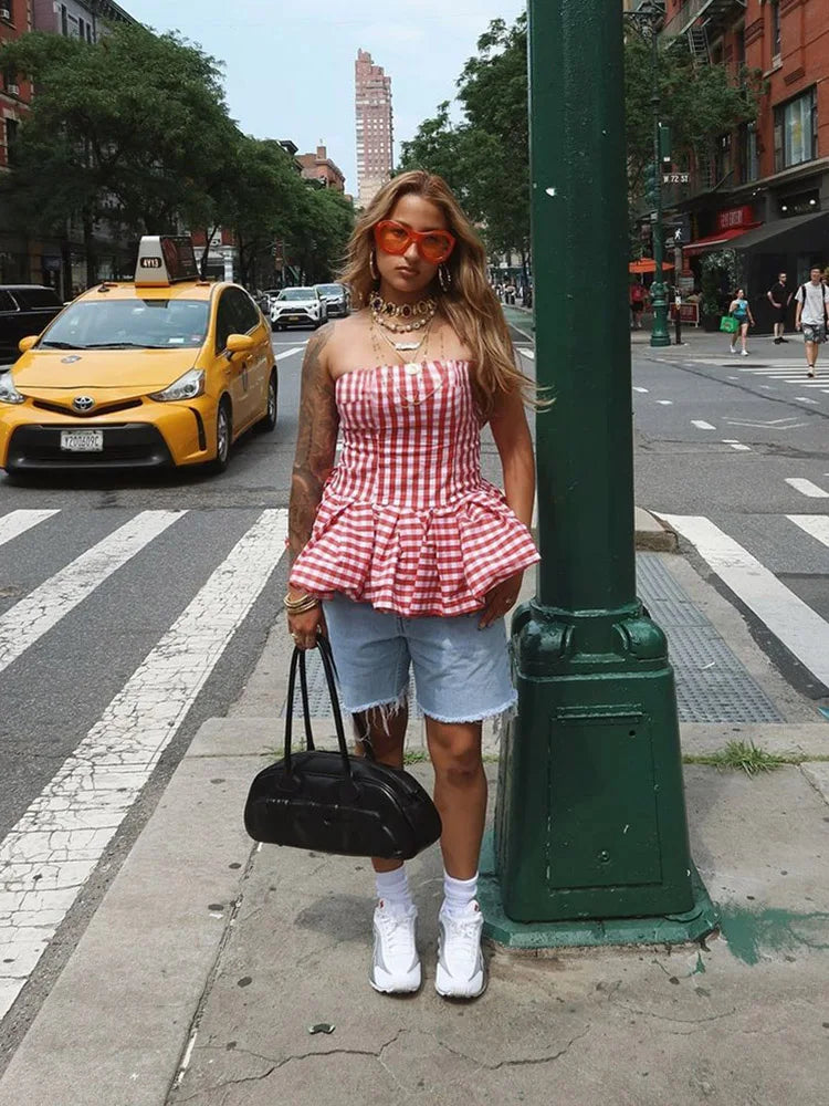 Plaid Corset Top Pleated Fluffy Hem Sleeveless Basic Street Backless Top