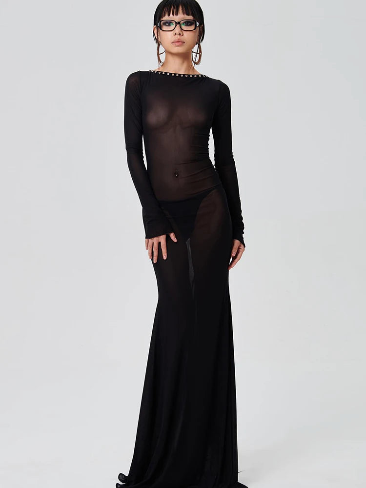 See Through Maxi Backless Back Straps Dress