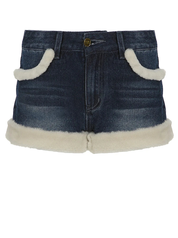 Fur Patchwork Denim Shorts Low Waisted Bottoms Cotton Pants